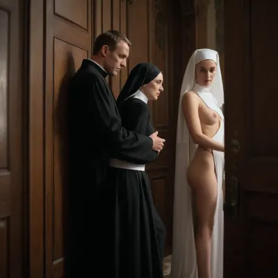 ((Door gap)), (((Spy photo))), ((ultra erotic)), (((side view))), Nun in luxury church undress to show off their perfect bodies, there is a priest sitting and stroking his erect cock, gets fucked from behind