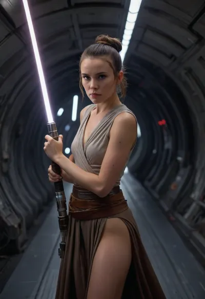 woman, long flowing brown hair, beautiful original female Star Wars Rey, on space ship, thong, hair in bun, holding long light saber, Sony α7R IV, FE 35mm f/1 .4 GM
