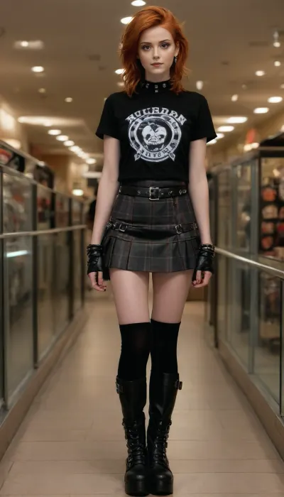 (full frame view, zoom out, full body view, hyper realistic:2), (28 year old with auburn-ginger hair, punk model in a mall, short, confident, assertive, strong, proud:2), (wearing oversize buckled black platform boots, plaid miniskirt, t-shirt, spiked wristbands, spiked choker:2), (professional fashion photoshoot, NSFW:1.7), (beautiful detailed face with heavy make-up:1.2), (erotic photo, porn photo, pornography, photorealistic, photo realistic, photorealism, photo realism, realistic, realism, light blank background:1.5), (4k, 8k, 8k resolution, best quality, ultra quality, highest quality, maximum quality, uncompressed, raw source photograph:1.2), (intricate clothing, detailed clothing, detailed skin, realistic skin), <lora:Creat0r_MagicDetailzV2_FIX:2>