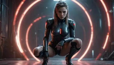 full body shot, In a breathtaking 8K wallpaper, a stunning female android combatant from the future crouches on one knee within a circle of light, her beautiful face staring directly at the viewer. Her long hair gently floats in the wind as particles of light swirl around her. With a subtle dynamic pose, she raises her right knee, exuding an air of power and readiness. The massive discharge crackling behind her enhances the cyberpunk atmosphere. Up close, her detailed hands and face are rendered in photorealistic 2.0 quality, with piercing red glowing eyes that seem to pierce through the darkness. A masterpiece of cinematic experience, this stunning image transports the viewer into a world of high-tech fantasy.