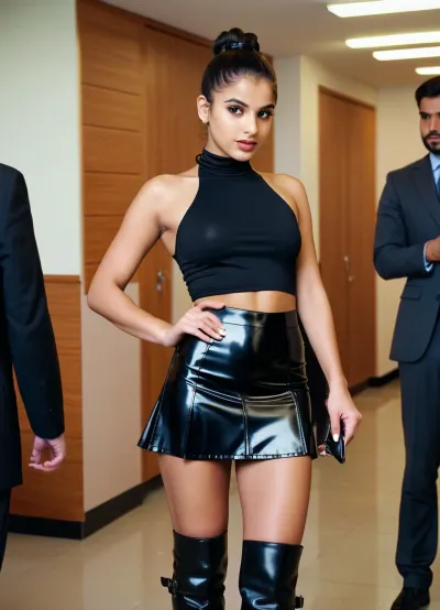 beautiful 18 year-old, gorgeously beautiful tiny very petite slim toned Arabic paki schoolgirl, cute but spoilt and arrogant, hair tied back, a cruel bully, a bitch, Indifferent superior expression, fully dressed, wearing shiny very glossy black latex flared vinyl extremely short mini skirt, black cropped halter top, knee-length high-heeled boots, standing in a crowded office Christmas party. Facing towards camera. View from front. Surrounded by many businessmen. Many businessmen are looking at her, some of the men are taking pictures of her with their phones.