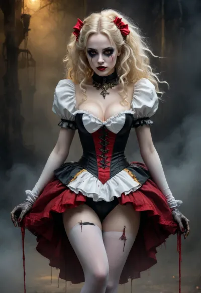 Tall, evil Alice in wonderland, full body shot, black, black gothic makeup, a beautiful female harlequin, tall, beautiful perfect figure, perfect tall legs, charming eyes, sad yet gracious face, dark background, fantasy art capturing the style of Aaron Horkey, Jeremy Mann and Luis Royo, body-focused composition from a low angle, alluring figure, dark fantasy, dynamic composition, white colors, red lipstick, warm hues, rendered in colorful ink flow, showcases acrylic calligraphy, watercolor techniques integrated seamlessly into a maximalist masterpiece, detailed with gouache fluidity, golden hour light