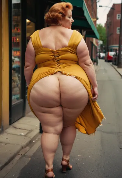 a realistic photography of a pale white obese super fat granny woman walking, 80 years old grandmother, square body, cellulite, ginger hair, from behind, bare butt, obesity, gigantic huge fat butt, oversized cellulite butt, messy ghetto city sidewalk, beautiful realistic face, (((wearing vivid old-fashioned ripped torn dress))), (visible buttcrack:.7), best quality, fine details, flat, chest, breasts, hips, wide, plump, belly, female, <lora:Venus_Body_Alpha:.4>, <lora:WildcardX-XL-Detail-Enhancer:.9>