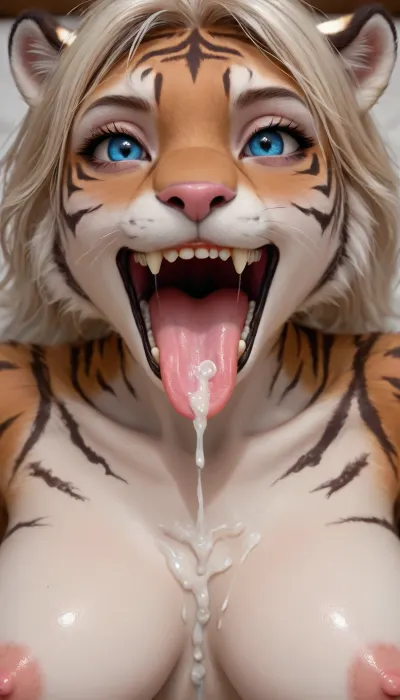 view from above, in bedroom, dlss, RTX, 1female, ((anthro tiger, anthro female tiger)), sharp teeth, furry, stripes, huge cum load mouth, bright tiger stripes, spread her legs wide, mouth open, more cum mouth, tongue around licks the cum, ruined, makeup, red lipstick, big tits, shaved pussy, asshole spread wide, <lora:189654_training_data:.9>, <lora:early621-000002:1.2>