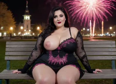 Very busty girl ssbbw 18yo, view from a distance of 20 meters, (sitting on a bench with crossed legs), Halloween glowing pumpkin on the floor, (black long messy hair), bangs, (witch long dress), ghothic boots, ((one bare shoulder)), (naked saggy breasts out:1.4), torn high black mesh stockings, large lips, (heavy eyeliner), ((cheeky smile)), (high detailed skin), (highly detailed body), highly detailed face and eyes, perfect fingers, perfect skin, 8k, best quality, (a lot of fireworks in the night:1.4), ((in background night snow park lit by fireworks)), ((looking at the camera)), ((No accessories or jewelry)), sagging, breasts, apart, <lora:sagging-v2.5:.9>