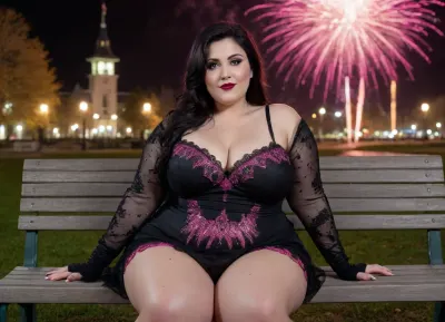 Very busty girl ssbbw 18yo, view from a distance of 20 meters, (sitting on a bench with crossed legs), Halloween glowing pumpkin on the floor, (black long messy hair), bangs, (witch long dress), ghothic boots, ((one bare shoulder)), (naked saggy breasts out:1.4), torn high black mesh stockings, large lips, (heavy eyeliner), ((cheeky smile)), (high detailed skin), (highly detailed body), perfect fingers, perfect skin, 8k, best quality, (a lot of fireworks in the night:1.4), ((in background night snow park lit by fireworks)), ((looking at the camera)), ((No accessories or jewelry))