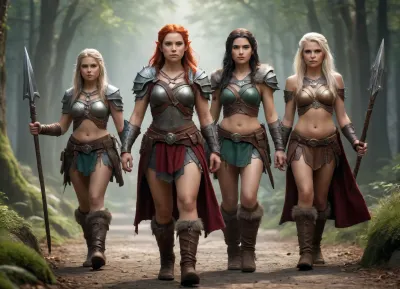 ((full body view)), group mix of 4 beautiful female, one is dwarf warrior, other is gnome cleric, other is a human barbarian, and the last is a elf archer