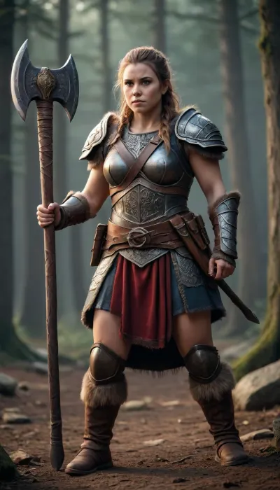 ((full body view)), woman dwarf warrior, armed with a axe