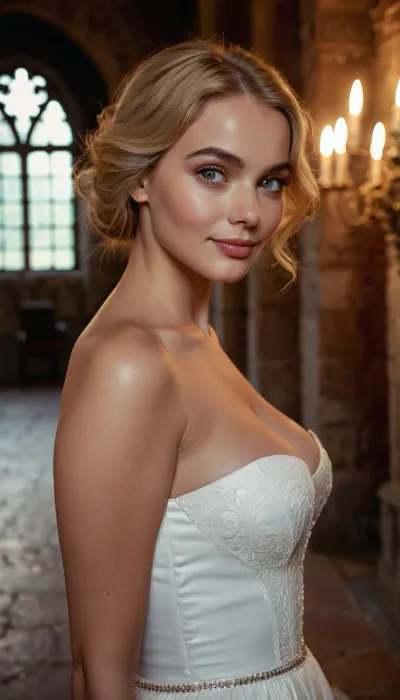 UltraRealistic photography, side view, full body shot, in a historical castle, 18 years old woman, big sized boobs, tight boobs, wearing a white dress, high heels, square face form, evil smile, droopy eyes, glossy eyes, eyeliner, perfect makeup, red cheeks, slender body, messy short blonde hair, snub nose, view to viewer, symmetrical eyes, sharp focus, blurry background, highly detailed face, highly detailed lips, highly detailed eyes, highly detailed iris, dslr, skin pores, ultra high quality