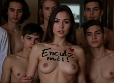 1 woman, 6+boys, 0ld face, woman, high resolution, 4k, realistic, thugs, looking at viewer, flaccid, multiple penises, 69 year old woman, perfect skin perfect model face, saggy tits. American supermodel, Sumptuous face, eye liner makeup, best quality, gradient lighting, real life, extremely detailed, RAW photo, subject, 8k uhd, soft lighting, high quality, film grain, Text painted on women in really big letters, ((("Enculz-moi!"))), text written with black and red markers, surrounded by black men, (((black haired WOMAN))), black_dicks_everywhere
