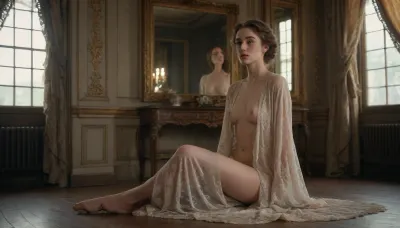 ((full body view)), ((wide angle view)), anorexic, naked, n an opulent yet shadowed vintage room, a strikingly elegant woman is captured in a blend of mystery and allure. The lighting is soft but deliberate, casting golden highlights across her figure while delicate shadows dance around her. She’s adorned in a flowing, vintage lace robe that subtly reveals and conceals her form, pooling on the floor around her, blending with the rich textures of the antique room. Her expression is enigmatic, her eyes half-closed in quiet introspection, adding a sense of intimacy to the moment. Loose, waves of hair frame her face as her hand rests gently on an ornate mirror, creating a surreal reflection that hints at hidden layers of her character. The atmosphere is rich, cinematic, and reminiscent of the romantic paintings of the 19th century, capturing beauty, elegance, and the essence of timeless sensuality.