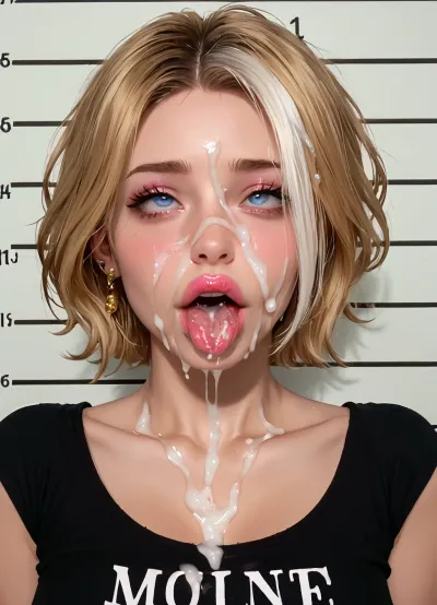 1girl, MILF, bimbo, whore, slut, slutty face, blond hair, hair is tied in a bun, lush hair, pink lipstick, large lips, duck lips, perfect face, detailed, ahegao, (rolling eyes), tongue, facial, excessive cum, mugshot, front view, cum on hair, clothed white highlights, <lora:ThePitXL:1>