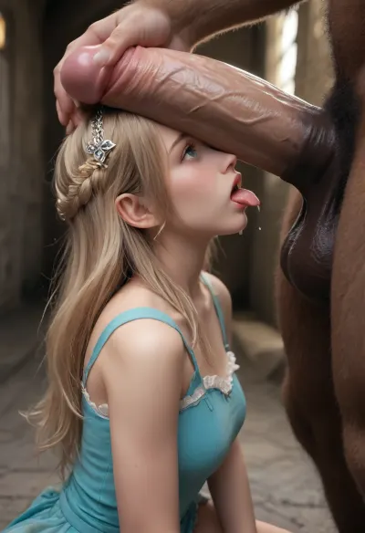 beauty, (gorgeous girl:1.1), blonde long hair, (big blue eyes:1.3), small tiara on head, giant minotaur with a, (massive penis:1.8), huge testicles, the minotaur is twice as big as the girl, kissing his massive horse style penis, penis is twice as big as her face, in dungeon castle, kneeling, (face splatered in sticky white cum), penis is on her head, tears, short tongue, torn dress, hand on head, side view blowjob, full lenght body, cum dripping from cock