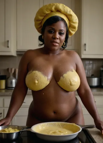 Stunningly sexy American ebony milf, chubby Mrs Pancakes, in her kitchen cooking pancakes naked, (breasts covered in globules of yellow batter:1.3), yellow batter in her hair, rivulets of, (yellow batter running down her breasts:1.2)