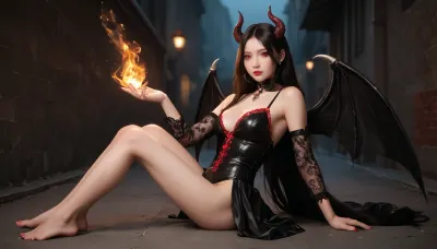 asian woman, Full size succubus photo, very big black wings, detailed face, seductive pose, demonic features, very long dark hair, horns, wings, glowing red eyes, fantasy themed sexy outfit, leather and lace, deep neckline, spectacular makeup, super narrow waist, super long legs, full view, silicon lips, slim, beautiful ass, night setting, standing on road, demonic Rottweiler sitting next to her, ominous atmosphere, high contrast, high detail, hyper detailed photorealistic maximum detail, 32k, Color Grading, ultra HD, extremely meticulous detail, skin pore detail, hyper sharpness, perfect without deformation, <lora:womb_tattoo_v6_SDXL:.5>, <lora:zavy-cntrst-sdxl:.5>