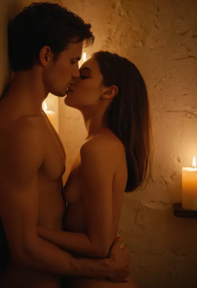 Young couple, sex, close-up, against the wall, side, eye contact, girl, slender, without clothes, short bob hairstyle, small breasts, girl hugs guy, athletic body, brunette girl, pressed against the wall, guy squeezes girl's breasts, chest, standing, from behind, nude, beautiful interior, rich interior, candles on the wall, night, contrasting warm candlelight, high quality, high detail, towel, <lora:towl_see:.5>