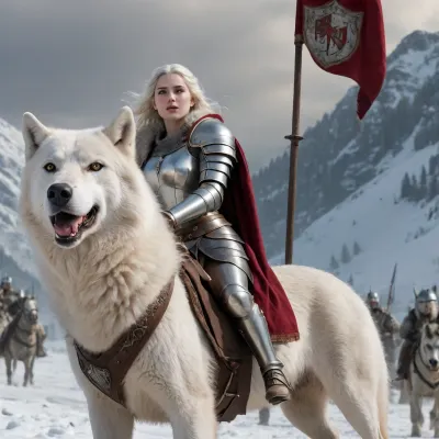 1 big snow-white wolf, 1 woman, beautiful woman 30 years young, big firm breasts, stiff nipples, wearing silver knight's armor, carrying a shield in her left hand, carrying a sword in her right hand, has a silver knight's helmet on, 1 woman rides on the back of a big snow-white wolf, a banner is blowing in the background, medieval landscape, show whole body in the picture, medieval battle in the background