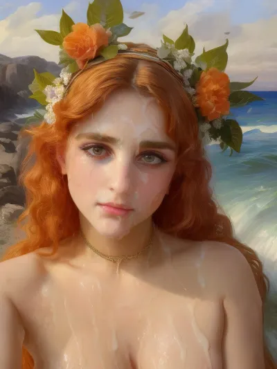 masterpiece, art, William-Adolphe Bouguereau, Alexandre Cabanel, Herbert James Draper, painting, 19th century, louvre, (ultra detailed face:1.4), 8k, (aphrodite:1), (greek_goddess:1), ancient greece, orange hair, mascara, heavy makeup, (tons of cum:1.4), bukkake, facial, cum, on, face, breasts, stomach, covered, in, flower crown, perfect, ocean, beach, <lora:facialized:1.3>, bgrtpainting, <lora:bouguereau-01:.5>