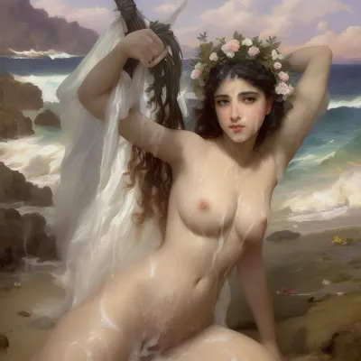 masterpiece, art, William-Adolphe Bouguereau, Alexandre Cabanel, Herbert James Draper, painting, 19th century, louvre, (ultra detailed face:1.4), 8k, (aphrodite:1), (greek_goddess:1), ancient greece, black hair, mascara, heavy makeup, (tons of cum:1.4), bukkake, facial, cum, on, face, breasts, stomach, covered, in, flower crown, perfect, ocean, beach, <lora:facialized:1.3>, bgrtpainting, <lora:bouguereau-01:.5>