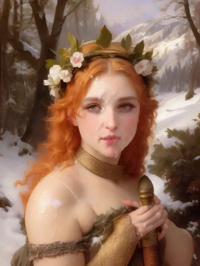 masterpiece, art, William-Adolphe Bouguereau, Alexandre Cabanel, Herbert James Draper, painting, 19th century, louvre, (ultra detailed face:1.4), 8k, (viking:1), (norse_queen:1), Valkyrie, blowjob, penis in mouth, norse, orange hair, mascara, heavy makeup, (tons of cum:1.4), bukkake, facial, cum, breasts, stomach, covered, in, flower crown, medieval, holding sword, perfect, snow, outdoors, oil painting, <lora:facialized:1.3>, <lora:bouguereau-01:.5>