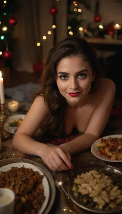 35-year-old young girl with long disheveled brown hair, naked, ((lying completely on a New Year's Eve dinner table covered with festive food dishes, photographer takes a picture of the girl from above)), looking at the camera, smiling face, red lips, heavy makeup, dark eyes, looking into camera, dark eyeliner, dark eyelashes, dark long eyelashes, dark eye shadow, (dimmed lights)