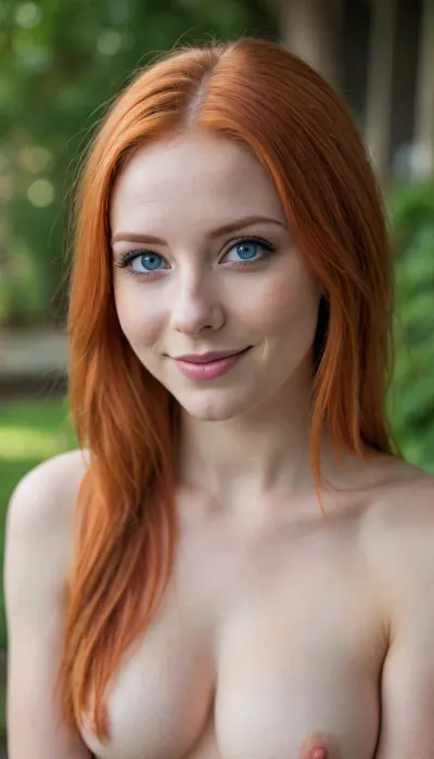 Full height view, beautiful 20 year old women with orange hair, blue eyes, horny, smiling, face tilted down, round face, pale skin, eye contact, makeup, long hair, breasts out