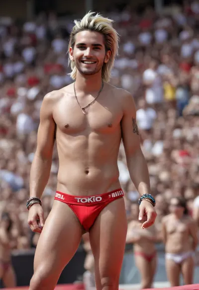 (Bill Kaulitz, Tokio Hotel), beautiful seamless tanned naked Bill kaulitz, smiling, straight hair wild hairdresser, on a band stage at a festival in the Coliseum in Rome, in red-white bikini bottom, sexy pose, full body, (sunny day, windy), full body viewing, barefoot, no beard, full body in frame, tan feet, full body seen, chewing gum on the foot, hairless body, full length view, highest quality, photorealistic