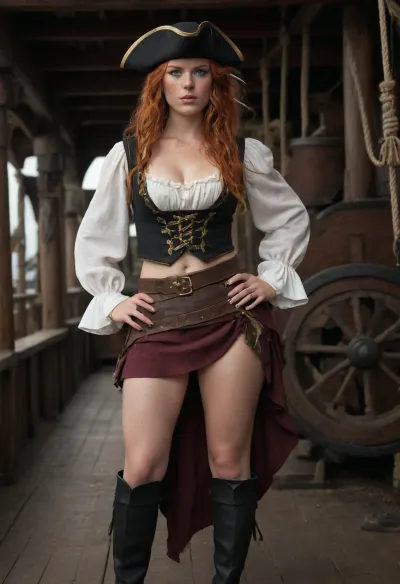 Woman, 26yo, ginger heavy extremly long hair, dirt on body, freckles, natural look, freckles on whole body, sexy pirate Cosplay, perfect fit body, pirate boat, thick, wooden ship, hourclock, thick hips, thin waist, fit, athletic, hair so long it nearly touches the ground, pirate hat, old pirate clothing, pirate blouse, pirate skirt, skirt, lift, high res, best quality, crazy hair, showing tits