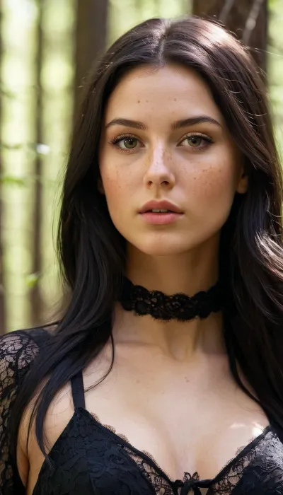 ((Girl 18 years old:1.5), tall and thin, with a thin waist and big tits, (Slavyanka:1.2), with long black hair and freckles, very beautiful, with attractive facial features and expression. She is dressed in sexy black lace clothes that accentuate her figure. Full-length to see the whole figure., (Close-up:1.1), but with the ability to see the entire figure, the emphasis on the face and upper body., (Cinematic lighting:1.1), With soft diffused light, using key light, contour light and fill light to create a volumetric effect. The contour light is directed at a 45 degree angle to the subject to create clear shadows and contrast., (Digital painting:1.1), with bright and saturated colors. In the forest, a natural background, but slightly blurred so as not to distract from the model. Best quality, masterpiece, high resolution with realistic details and textures.)