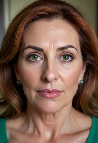beautiful gorgeous stunning sexy 50yo Armenian woman, fine facial features, long flowing messy auburn hair, natural green eyes, thick eyebrows, big lips, juicy lips, pretty face, (gilf:1.3), (granny:1.2), very saggy bare breasts, (detailed skin texture, skin imperfections), (age-appropriate skin condition, wrinkles, wrinkled skin, wrinkled face)