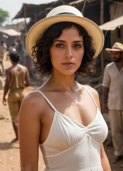 1920s. A white European woman with short black curly hair. She stands and poses in the middle of a bazaar in the slums of 1920s Mumbai. Sweaty skin, very hot. She is wearing a very short white linen sundress with straps and a white explorer's hat. The story takes place in India. The sun is shining. Surrounded by a lot of wealthy women. Best quality, best resolution, uhd, perfect composition of lights and shadows, dynamic, the brightest image, clear focus, depth of field, 8k, cameltoe, ((high detailed skin)), high quality, detailed skin texture, (highly detailed hair), full body view, hand, <lora:Sitcom_Drama_Style:.5>, <lora:tbh69-sdxl:.5>, <lora:detailed_hands-000002:.5>
