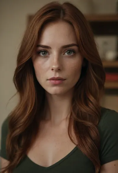 A photograph of a beautiful young woman, centered, looking directly at the viewer with a slightly serious yet gentle expression, (realistic eyes:1.3), with light brown irises and visible limbal rings, detailed eyelashes and eyebrows, (subtle freckles across her nose and cheeks:1.2), fair skin with warm undertones, slightly parted lips, (natural lip color:1.1), a small beauty mark near her left nostril., (Long, flowing auburn hair with subtle red and brown highlights:1.4), cascading down her shoulders and chest, with natural waves and loose strands framing her face, a center part, some hair tucked slightly behind her ears, capturing the light with soft highlights, (realistic hair texture:1.2), slight flyaways giving a natural look.

Wearing a dark green v-neck t-shirt with a slightly faded white "81" graphic printed on the front, the graphic has a slightly distressed and worn texture, short sleeves with dark trim around the edges, the fabric appears to be soft cotton, the shirt is slightly fitted, (the number "81" is clearly visible and slightly off-center:1.1), .
A hint of light-wash denim shorts visible at the bottom edge of the frame.

Standing with her hands resting on her hips, elbows slightly out, relaxed posture but confident gaze, her body facing forward, slight asymmetry in her pose, (natural and unposed:1.1), subtle muscle definition in her arms.

Indoor setting with soft, warm, cinematic lighting coming from the left, creating subtle highlights and shadows on her face and hair, the background is slightly blurred with a shallow depth of field, suggesting a portrait lens, hints of warm-toned wooden shelves or cabinets behind her, an out-of-focus picture frame hanging on the wall behind her to the right, a glimpse of greenery or a plant to the far left, the overall mood is intimate and natural., (Warm color grading:1.1), natural light, diffused light, ambient light.

Photorealistic style, captured with a high-quality professional camera, sharp focus on the woman's face and upper body, (slightly shallow depth of field:1.1), natural skin texture, 8k resolution, ultra-detailed, intricate details, cinematic composition, (close-up shot:1.2), medium shot.