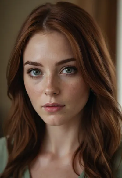 A photograph of a beautiful young woman, centered, looking directly at the viewer with a slightly serious yet gentle expression, (realistic eyes:1.3), with light brown irises and visible limbal rings, detailed eyelashes and eyebrows, (subtle freckles across her nose and cheeks:1.2), fair skin with warm undertones, slightly parted lips, (natural lip color:1.1), a small beauty mark near her left nostril., (Long, flowing auburn hair with subtle red and brown highlights:1.4), cascading down her shoulders and chest, with natural waves and loose strands framing her face, a center part, some hair tucked slightly behind her ears, capturing the light with soft highlights, (realistic hair texture:1.2), slight flyaways giving a natural look.

Wearing a dark green v-neck t-shirt with a slightly faded white "81" graphic printed on the front, the graphic has a slightly distressed and worn texture, short sleeves with dark trim around the edges, the fabric appears to be soft cotton, the shirt is slightly fitted, (the number "81" is clearly visible and slightly off-center:1.1), .
A hint of light-wash denim shorts visible at the bottom edge of the frame.

Standing with her hands resting on her hips, elbows slightly out, relaxed posture but confident gaze, her body facing forward, slight asymmetry in her pose, (natural and unposed:1.1), subtle muscle definition in her arms.

Indoor setting with soft, warm, cinematic lighting coming from the left, creating subtle highlights and shadows on her face and hair, the background is slightly blurred with a shallow depth of field, suggesting a portrait lens, hints of warm-toned wooden shelves or cabinets behind her, an out-of-focus picture frame hanging on the wall behind her to the right, a glimpse of greenery or a plant to the far left, the overall mood is intimate and natural., (Warm color grading:1.1), natural light, diffused light, ambient light.

Photorealistic style, captured with a high-quality professional camera, sharp focus on the woman's face and upper body, (slightly shallow depth of field:1.1), natural skin texture, 8k resolution, ultra-detailed, intricate details, cinematic composition, (close-up shot:1.2), medium shot.