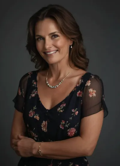 48 year old woman, warm and nurturing presence, average height, gently curvy mature body, gentle face, inviting face, soft features, laugh lines, shoulder-length wavy chestnut brown hair, pulled back into a low bun, blue eyes, fair complexion with natural rosy glow, minimal makeup, warm smile, pastel-colored blouse with floral patterns, grey knee-length skirts, locket necklace, slender bracelet, small stud earrings