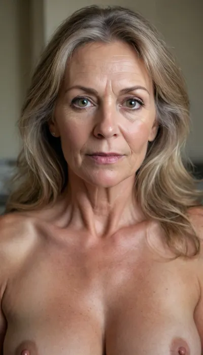 beautiful gorgeous stunning sexy 50yo swedish woman, fine facial features, long flowing messy dark blonde hair, pretty face, (gilf:1.3), (granny:1.2), sagging bare breasts