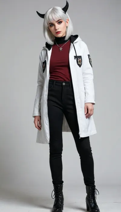 (masterpiece), best quality, very aesthetic, absurdres, highres, amazing quality, newest, 1girl, yellow eyes, tsurime, white hair, long hair, medium bangs, straight hair, demon horns, black horns, demon girl, small breasts, fit, mature woman, [lips], white eyebrows, black jacket, hooded jacket, dark red shirt, t-shirt, choker, ear piercing, black piercing, tucked-in jacket, high-waist pants, black pants, ankle boots, black boots, boot zipper, wide heels, pants tucked in, serious, white background, looking at viewer, hand in pocket, [from below], full body