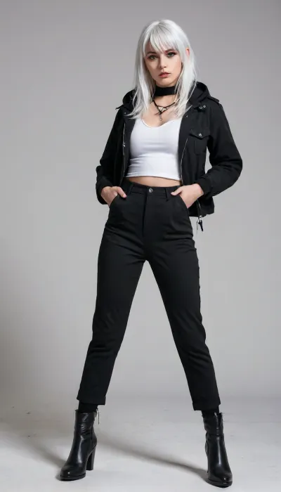 (masterpiece), best quality, very aesthetic, absurdres, highres, amazing quality, newest, 1girl, yellow eyes, tsurime, white hair, long hair, medium bangs, straight hair, demon horns, black horns, demon girl, small breasts, fit, mature woman, [lips], white eyebrows, black jacket, hooded jacket, dark red shirt, t-shirt, choker, ear piercing, black piercing, tucked-in jacket, high-waist pants, black pants, ankle boots, black boots, boot zipper, wide heels, pants tucked in, serious, white background, looking at viewer, hand in pocket, [from below], full body