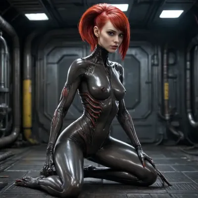 Xenomorph alien Girl, (human face, alien arms end leggs, tits and pussy naked, covered in oil, full Body visible), Doggystyle fucking Cyberpunk Android girl, cyberpunk Android girl, HAIR, (Red hair, Undercut), OUTFIT, (Cyborg mech suit, DARK Eyeliner, Long eyelashes), POSE, (squatting, feet together and knees apart), Xenomorph, <lora:Xenomorph v2:.8>, <lora:CyborgMechExosuit_v1.5:.3>, <lora:284451_training_data:.7>