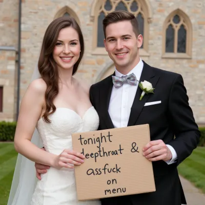 photo of a sexy couple, bride and groom, on their wedding day in front of a church, smiling. Brown hair, The groom holds a handmade sign with text, "tonight deepthroat & assfuck on menu".