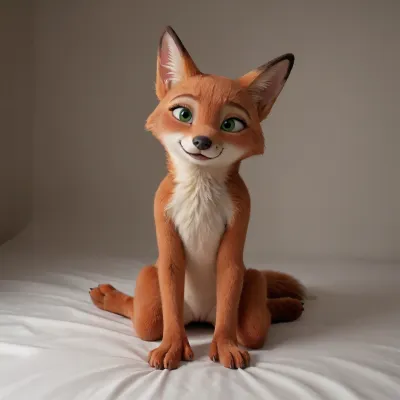 Pretty naked female version of Nick from cinema Zootopia. She is a cutest furry fox, with small breasts, small peach pussy and cute anal. She sits and show us she's pussy in doggy style pose. She have soft foxes paws, years and tail. All she's body is a orange foxes furr. Arms, legs and body is a orange soft foxes furr. She have green eyes. She feels little uncomfortable. She is little shy. She sits and show us she's pussy and anal. Doggy_Style_Pose Furry_Fox