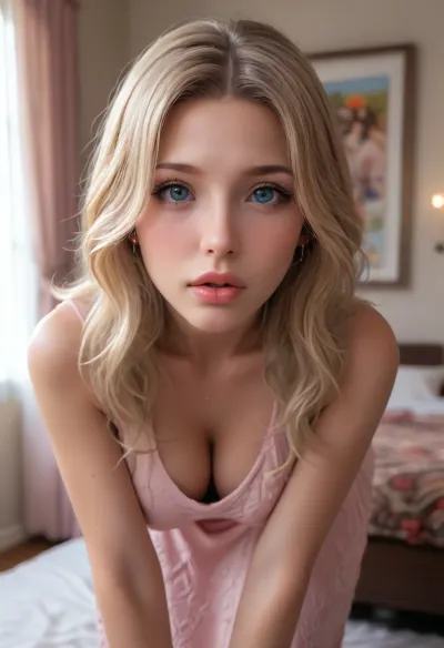 (UHD, 8k, F2.8, RAW Photo, ultra detailed, sharp focus), (masterpiece, score_9, score_8_up, score_7_up:1.1), (horny bimbo, hot wife:1.3), (posing seductively alone in her bedroom, leaning forward, closeup on face, focus on lips:1.5), (vacant expression, ditzy, bimbo, big eyes, doe eyes)