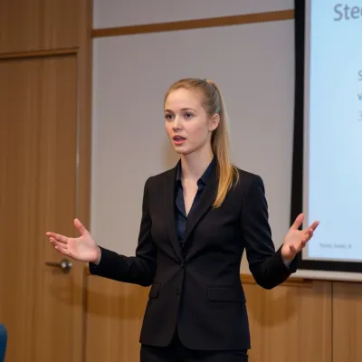 picture of a young Swedish, petite, woman with blonde hair, ponytail, giving an academic speech. She wears a formal pantsuit. The powerpoint slide at the screen next to her shows the titel of her speech, text "WHY SLUTS ARE HAPPIER THAN OTHER WOMEN".