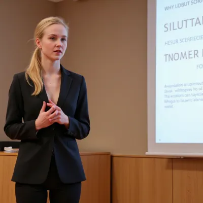 picture of a young Swedish, petite, woman with blonde hair, ponytail, giving an academic speech. She wears a formal pantsuit. The powerpoint slide at the screen next to her shows the titel of her speech, text "WHY SLUTS ARE HAPPIER THAN OTHER WOMEN".