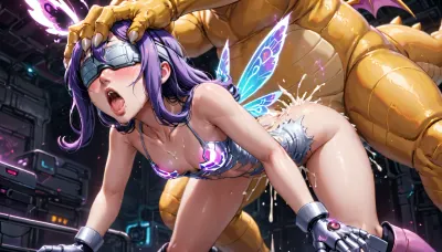 (Kazemon from Digimon, Fairy Woman Digimon, adult woman, long purple hair, slender body, small breasts, 1 girl, big white butterfly wings, silver metal blindfold, Futuristic pink gauntlets, futuristic knee-long pink boots, Futuristic pink bikini armor, all fours), (fucked by Dragonite from pokemon, massive dragon cock, dragon wings), ahegao, glowing red eyes, cum on back, Arms held back, head held back, ripped clothes, ripped shirt, naked top, below view