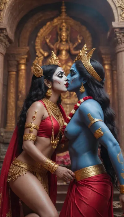 Indian goddess kali and Durga kissing in temple surrounded by corpses