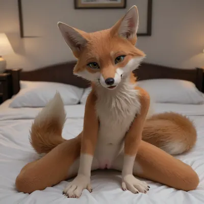 Furry, Furr, Animal, Animal-like, shaved pussy, spread pussy, front view, staring at viewer, sitting at the bed, doggy style pose, full, beautiful body, fox, orange furr, white body