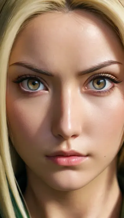 Ultra hd Macro details, Ultra realistic picture, perfectly face, Androide 18 realistic girl merged tsunade. Skinny, big-eyed brunette., (macro details her face:1.5)