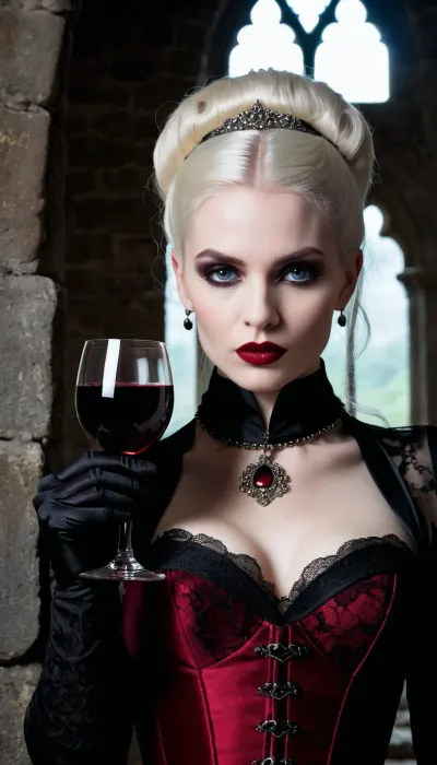 (An enrapturing portrait of a stunningly beautiful goth girl vampire in a gothic castle, drinking red wine from an ornate goblet:1.4), (silhouetted against a dark, stone wall backdrop:1.3), (focus on eyes, intense expression, unnerving, eerie, inescapable eye contact, demanding presence:1.5), (long, straight white hair cascading over her shoulders, contrasting with her dark makeup), (soulless pale blue eyes, pale creamy porcelain skin, creamy skin texture, chiselled cheekbones, strong jawline, defined jawline, elegant neck, subtle vellus hairs), (goth makeup, smoky eye shadow, heavy mascara, winged eyeliner, long eyelashes, immaculate eyebrows, blood red lipstick, wet lip look), (her predatory smirk hints at the deadly fangs hidden beneath her glistening lips), (wearing a black lace corset, black choker with a silver pendant, black lace gloves), (gothic architecture in the background, stone walls, arched windows, wrought iron details), ZipRealism