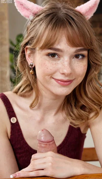 (skinny girl make blowjob:1.3), A young woman sitting on a wooden chair indoors, casually leaning her head on one hand. She has medium-length, slightly wavy strawberry blonde hair with soft bangs framing her face. Her skin is fair with a light rosy undertone, and her face shows faint freckles across her cheeks and nose. She has expressive brown eyes with a friendly and curious gaze, framed by thin eyebrows that match her hair color. Her nose is small and slightly upturned, and her lips are medium-sized with a natural pink tone, smiling subtly.

She is wearing a textured brown knit dress with large buttons down the front, its V-neckline subtly framing her neck and collarbones. Her build is petite, with a slender frame and natural proportions. Her ears are visible, adorned with small, simple earrings. The background includes blurred elements

Show her full body