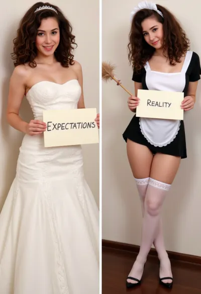 side-by-side two pictures, young French petite woman, curly brown hair, standing, (first picture on the left, confident, playful expression, huge smile, wedding dress, tiara, holding a handmade sign with text "EXPECTATIONS"), (second picture on the right, new expression on her face, much more serious, worried, frowning, sad, sexy french maid costume, black and white, feather duster in her pussy, holding a handmade sign with text "REALITY" in other hand)